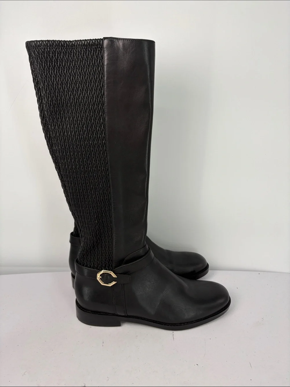 🥯 Cole Haan Black to-the-Knee Leather Stretch Boots with Gold Buckle